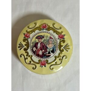 Vintage Baret Ware Miniature Tin England Yellow Colonial Couple Trinket Pill Box